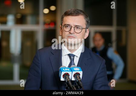 Nazioni Unite, New York, USA, 23 febbraio 2024 - Dmytro Kuleba, Ministro degli affari Esteri dell'Ucraina Presser oggi presso la sede delle Nazioni Unite a New York. Foto: Luiz Rampelotto/EuropaNewswire solo per uso editoriale. Non per USO commerciale! Foto Stock