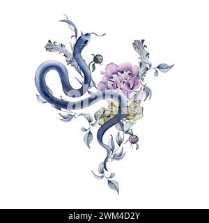 Illustrazione floreale botanica gotica con serpente e fiori disegnati a mano. Acquerello rosa, peonia e collana isolati su bianco. Decorazione floreale per b Foto Stock