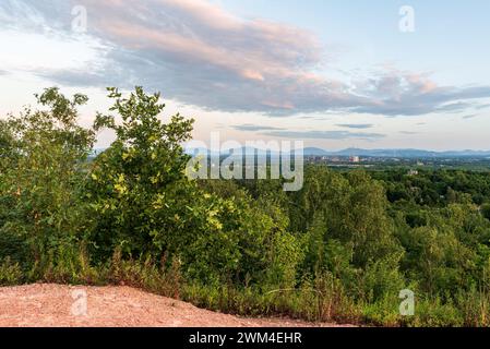 Vista delle montagne Moravskoslezske Beskydy dalla collina Halda RMA sopra la città di Ostrava nella repubblica Ceca durante la sera estiva Foto Stock