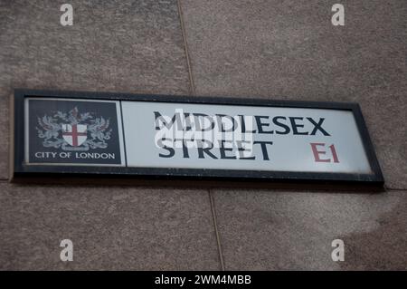 Cartello stradale per Middlesex Street (precedentemente Petticoat Lane), Spitalfields, Tower Hamlets, Londra, Regno Unito Foto Stock