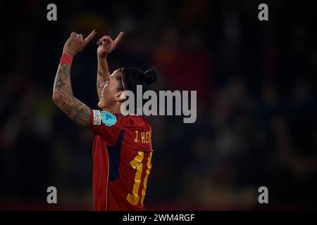 Siviglia, Spagna. 23 febbraio 2024. La spagnola Jennifer Hermoso festeggia un gol durante la semifinale di UEFA Women's Nations League 2024 tra Spagna e Paesi Bassi a Siviglia, in Spagna, il 23 febbraio 2024. Crediti: Pablo Morano/Xinhua/Alamy Live News Foto Stock