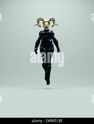 Teschio di RAM in oro nero femminile scultura voluttuosa astratta misteriosa posa del corpo di figure paranormali illustrazione 3d rendering digitale Foto Stock