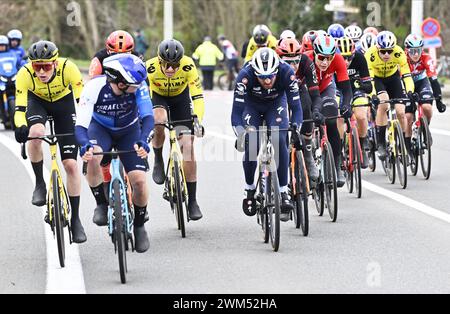 Gent, Belgio. 24 febbraio 2024. Una pausa nel gruppo di ciclisti durante la 79a edizione della gara ciclistica di un giorno maschile Omloop Het Nieuwsblad (UCI World Tour), a 202 km da Gent a Ninove, sabato 24 febbraio 2024. BELGA FOTO DIRK WAEM credito: Belga News Agency/Alamy Live News Foto Stock