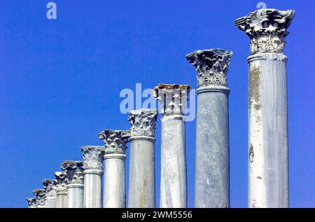Resti della scuola superiore romana di Salamina. L'antica città sulla costa orientale di Cipro è il più importante sito archeologico dell'isola. Foto Stock