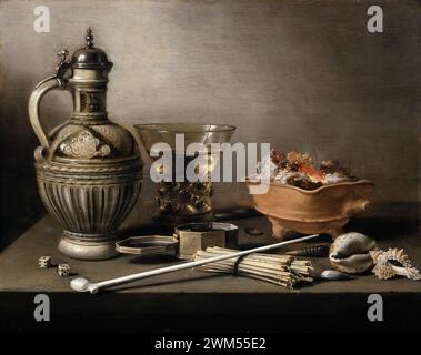 Natura morta con una caraffa in gres, Berkemeyer, e fumare... 1640 Pieter Claesz (BE) Foto Stock