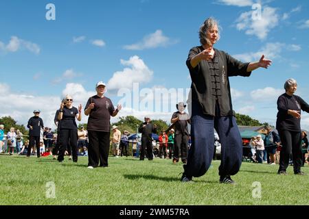 Lady in Loose Fitting Clothing insegnando Tai chi a Un gruppo di pubblico durante Una dimostrazione, mostra, Regno Unito Foto Stock