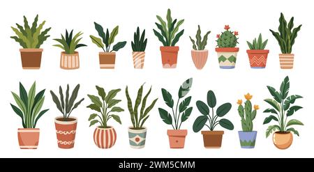 Set di diverse piante per la casa in pentole di ceramica. Illustrazione Vettoriale
