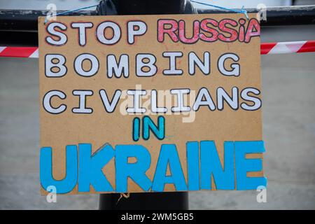 Londra, Regno Unito. 24 febbraio 2024. In occasione del secondo anniversario dell'invasione russa dell'Ucraina, i manifestanti hanno marciato da Marble Arch a Trafalgar Square a sostegno dell'Ucraina. Chiesero la fine dell'invasione russa e cercarono un maggiore aiuto militare da parte delle nazioni occidentali. Crediti: Sinai Noor/Alamy Live News Foto Stock