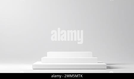 Piattaforme a podio bianche bianche o piedistalli con sfondo grigio per l'esposizione del prodotto. Vuoto indica la visualizzazione o la presentazione dei prodotti. Foto Stock