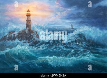 Originale dipinto ad olio del faro sul litorale di fronte al tramonto dorato su tela. Impressionismo moderno. Pittore-Stanislava Stojkova Foto Stock