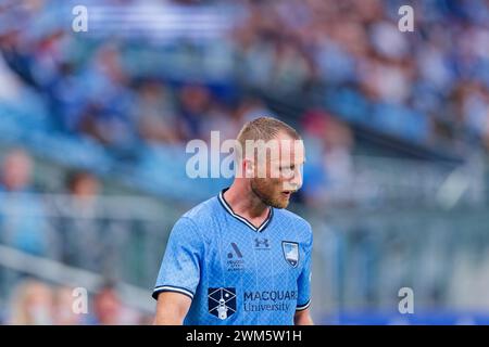 Sydney, Australia. 24 febbraio 2024. Rhyan Grant del Sydney FC guarda durante la partita A-League Men Rd18 tra Sydney FC e Melbourne City all'Alliance Stadium il 24 febbraio 2024 a Sydney, Australia Credit: IOIO IMAGES/Alamy Live News Foto Stock