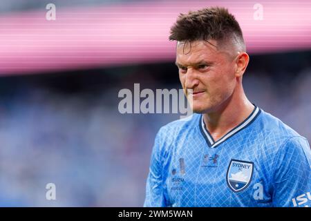 Sydney, Australia. 24 febbraio 2024. Joseph Lolley del Sydney FC guarda durante la partita A-League Men Rd18 tra Sydney FC e Melbourne City all'Alliance Stadium il 24 febbraio 2024 a Sydney, Australia Credit: IOIO IMAGES/Alamy Live News Foto Stock