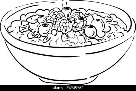 Farinata d'avena colazione con frutti di bosco e frutta nel cestino sul tavolo. Illustrazione vettoriale disegnata a mano. Disegnare il porridge di fiocchi di mais. Lampone, mirtillo Illustrazione Vettoriale