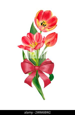 Bouquet di tulipani. Illustrazione in acquerello, isolata su sfondo bianco. Bouquet primaverile. Design per copertina, tessuto, tessuto, carta da imballaggio. Foto Stock