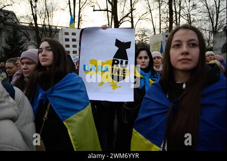 Gli ucraini protestano per il secondo anniversario dell'invasione russa. La gente tiene un cartello che legge Ucraina Ruina fuori dall'ambasciata russa a Varsavia, Polonia, il 24 febbraio 2024. Migliaia di persone si sono radunate fuori dall'ambasciata della Federazione Russa a Varsavia e hanno marciato sul parlamento polacco mentre oggi segnano due anni di aggressione russa all'Ucraina. Varsavia Polonia Copyright: XAleksanderxKalkax Foto Stock