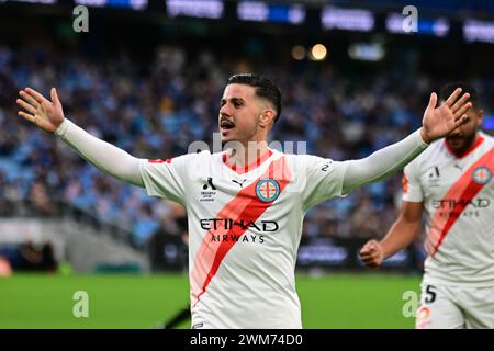 Parramatta, Australia. 24 febbraio 2024. Marco Tilio del Melbourne City FC reagisce durante la partita del 18° turno della stagione A-League 2023/24 tra il Sydney FC e il Melbourne City FC tenutasi al CommBank Stadium. Punteggio finale; Sydney FC 1:1 Melbourne City FC. Credito: SOPA Images Limited/Alamy Live News Foto Stock