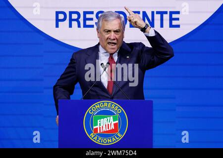 Roma, Italia. 24 febbraio 2024. Foto Roberto Monaldo/LaPresse 24-02-2024 Roma politica Congresso nazionale di forza Italia nella foto Antonio Tajani 24-02-2024 Roma (Italia) politica forza Italia partito Congresso nazionale nella foto Antonio Tajani crediti: LaPresse/Alamy Live News Foto Stock