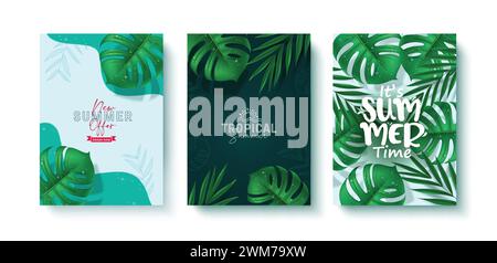 Set di poster vettoriali delle foglie tropicali estive. Testo di saluto estivo con monstera e palme che lascia elementi per una stagione tropicale con sfondo verde natura Illustrazione Vettoriale