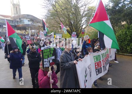 Centinaia di persone sono uscite a Bournemouth chiedendo un cessate il fuoco a Gaza, il 24 febbraio 2024. La gente ha partecipato a una serie di fine settimana in solidarietà con il popolo palestinese. Riunitosi al triangolo in città per ascoltare gli oratori, seguì una marcia attraverso la città. Questa manifestazione è stata organizzata dal Palestine Solidarity BCP. Foto Stock