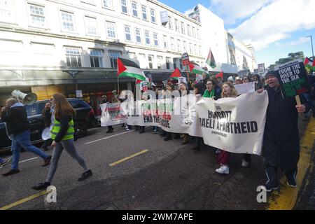 Centinaia di persone sono uscite a Bournemouth chiedendo un cessate il fuoco a Gaza, il 24 febbraio 2024. La gente ha partecipato a una serie di fine settimana in solidarietà con il popolo palestinese. Riunitosi al triangolo in città per ascoltare gli oratori, seguì una marcia attraverso la città. Questa manifestazione è stata organizzata dal Palestine Solidarity BCP. Foto Stock