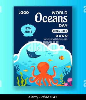 Illustrazione di sfondo dei modelli disegnati a mano del poster verticale di Oceans Day Illustrazione Vettoriale