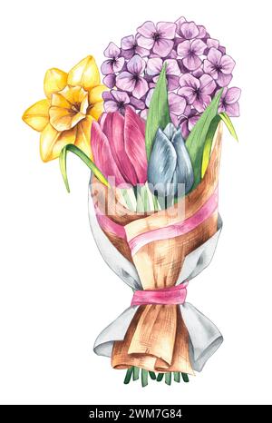 Bouquet di acquerelli primaverili con tulipani, ortensie, narcisi in confezioni di carta. Primavera isolata con bouquet di fiori disegnato a mano su sfondo bianco per Foto Stock