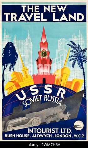 Poster da viaggio vintage. "La nuova Terra di viaggio - URSS, Russia sovietica". Di Robert Fedor 1930S. Emesso da Intourist a Londra Foto Stock