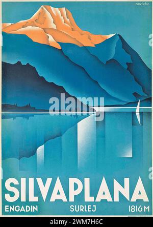 Poster da viaggio vintage. "Silvaplana" Svizzera. Di Johannes Handschin anni '1930 Con vista sulle montagne e sul lago Foto Stock