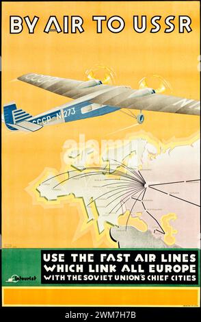 Poster da viaggio vintage. "Per via aerea verso l'URSS, la Russia sovietica". Di Konstantin Bor Ramensky anni '1930 Emesso da Intourist Foto Stock