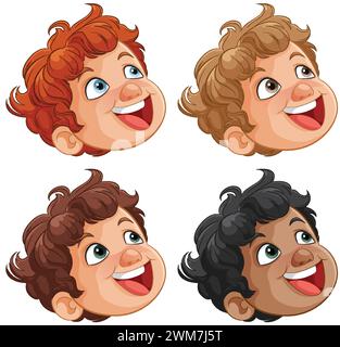 Quattro cartoni animati sorridenti volti per bambini. Illustrazione Vettoriale