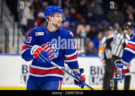 21 febbraio 2024: I Rochester Americans Linus Weissback (13) pattinano nel primo periodo contro i Belleville Senators. I Rochester Americans ospitarono i Belleville Senators in una partita della American Hockey League alla Blue Cross Arena di Rochester, New York. (Jonathan tenca/CSM) Foto Stock