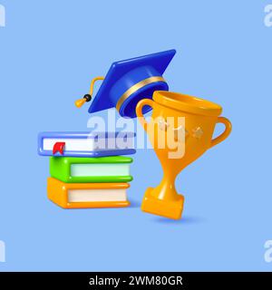 libri in 3d con cappello e trofeo. Illustrazione Vettoriale
