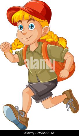 Cartoon Girl che corre con zaino e cappellino. Illustrazione Vettoriale