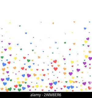 Modello di carta di san valentino con cuori cadenti. Cuori sparsi di colore arcobaleno. Biglietto di san valentino LGBT. Illustrazione vettoriale caotica dei cuori cadenti. Illustrazione Vettoriale