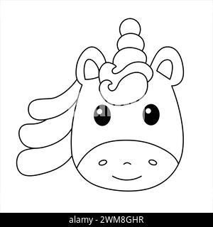 Cute Unicorn Head Coloring Page per bambini. Il bellissimo Cartoon Fairytale Unicorn. Illustrazione del vettore Magic Pony Illustrazione Vettoriale