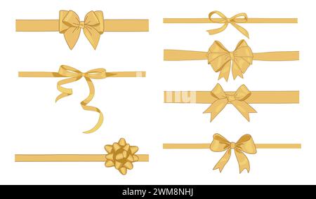 Set di nastro regalo oro si inchina in forme diverse. Illustrazione Vettoriale