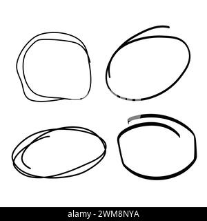 Serie astratta vettoriale di fotogrammi circolari. Schizzo di doodle ovale nero. Elementi di linee circolari tracciate con inchiostro isolato per la progettazione. Bolle di parola per le parole e. Illustrazione Vettoriale
