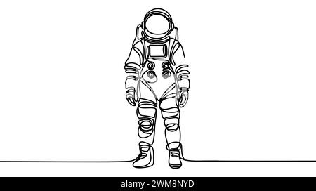 Disegno a linea continua singolo in stile vintage astronauta. Concetto di viaggiatore cosmico astronauta. Disegno a una linea alla moda disegno grafico illustrazione vettoriale. Illustrazione Vettoriale