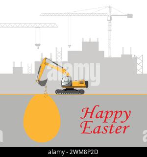 Concetto di buona Pasqua. Un escavatore scava un uovo di Pasqua. Illustrazione Vettoriale