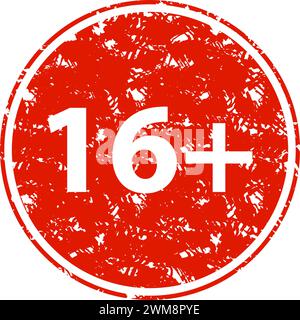 16 timbro in gomma per limite di età, icona di avvertenza, contenuto per adulti, etichetta di divieto, restrizione 16 anni, illustrazione di un isolamento video proibito, eccessivamente limitato Illustrazione Vettoriale