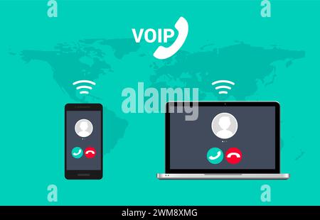 Tecnologia del telefono vocale del sistema di chiamata VoIP. Telefonia video Internet Voice over ip dati cloud laptop e cellulare Illustrazione Vettoriale