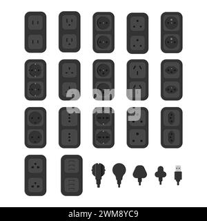 le icone degli standard mondiali delle prese di corrente impostano l'illustrazione piatta vettoriale Illustrazione Vettoriale