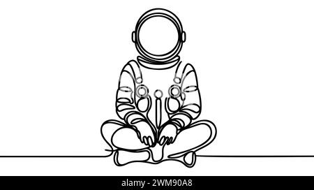 Disegno a linea continua singolo in stile vintage astronauta. Concetto di viaggiatore cosmico astronauta. Disegno a una linea alla moda disegno grafico illustrazione vettoriale. Illustrazione Vettoriale