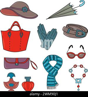 Set di accessori donna. Collezione di accessori femminili colorati: Borse, occhiali, sciarpa, guanti, cappello, ombrello, profumo. Illustrazione vettoriale Illustrazione Vettoriale