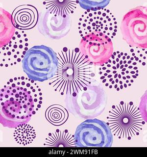 Motivo acquerello senza cuciture nei colori viola, lilla e rosa. Cerchi a spirale e fiori astratti. Sfondo vettoriale Illustrazione Vettoriale