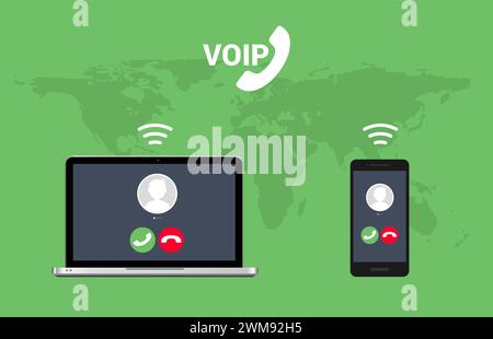Tecnologia del telefono vocale del sistema di chiamata VoIP. Telefonia video Internet Voice over ip dati cloud laptop e cellulare Illustrazione Vettoriale