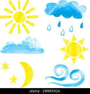 Set di icone meteo ad acquerello. Acquerello sole, nuvole, luna, stelle e vento. Illustrazioni vettoriali isolate su sfondo bianco Illustrazione Vettoriale