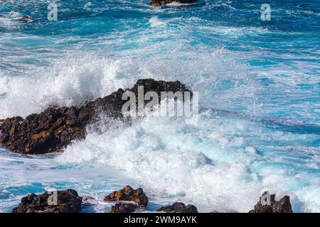 Onde che si infrangono sulle rocce sulla costa dell'isola di Madeira Foto Stock