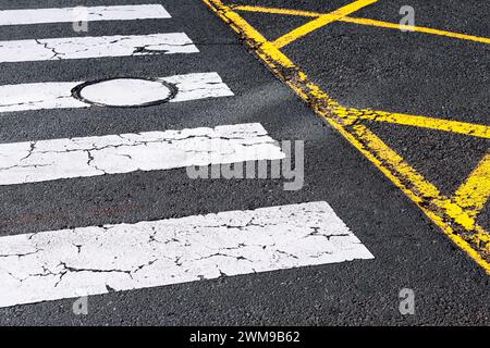 Zebra che attraversa la strada asfaltata. Segnaletica orizzontale sull'asfalto Foto Stock