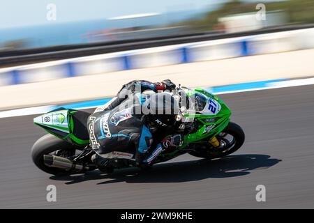 Phillip Island, Australia, 25 febbraio 2024. Le moto Supersport australiane sono viste alla prima curva durante i Campionati Mondiali di Superbike Australiani Motul FIM al Phillip Island Grand Prix Circuit il 25 febbraio 2024 a Phillip Island, Australia. Crediti: Dave Hewison/Speed Media/Alamy Live News Foto Stock